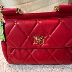 Badgley Mischka Red Quilted Leather Handbag gold accents